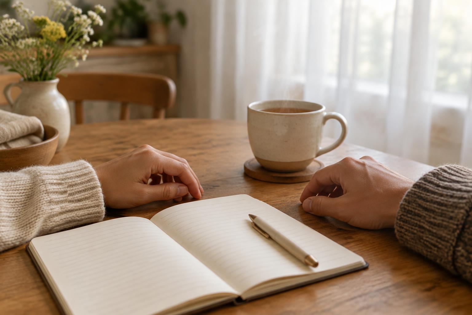 Two hands resting on a table beside an open notebook, a pen, and a mug of tea