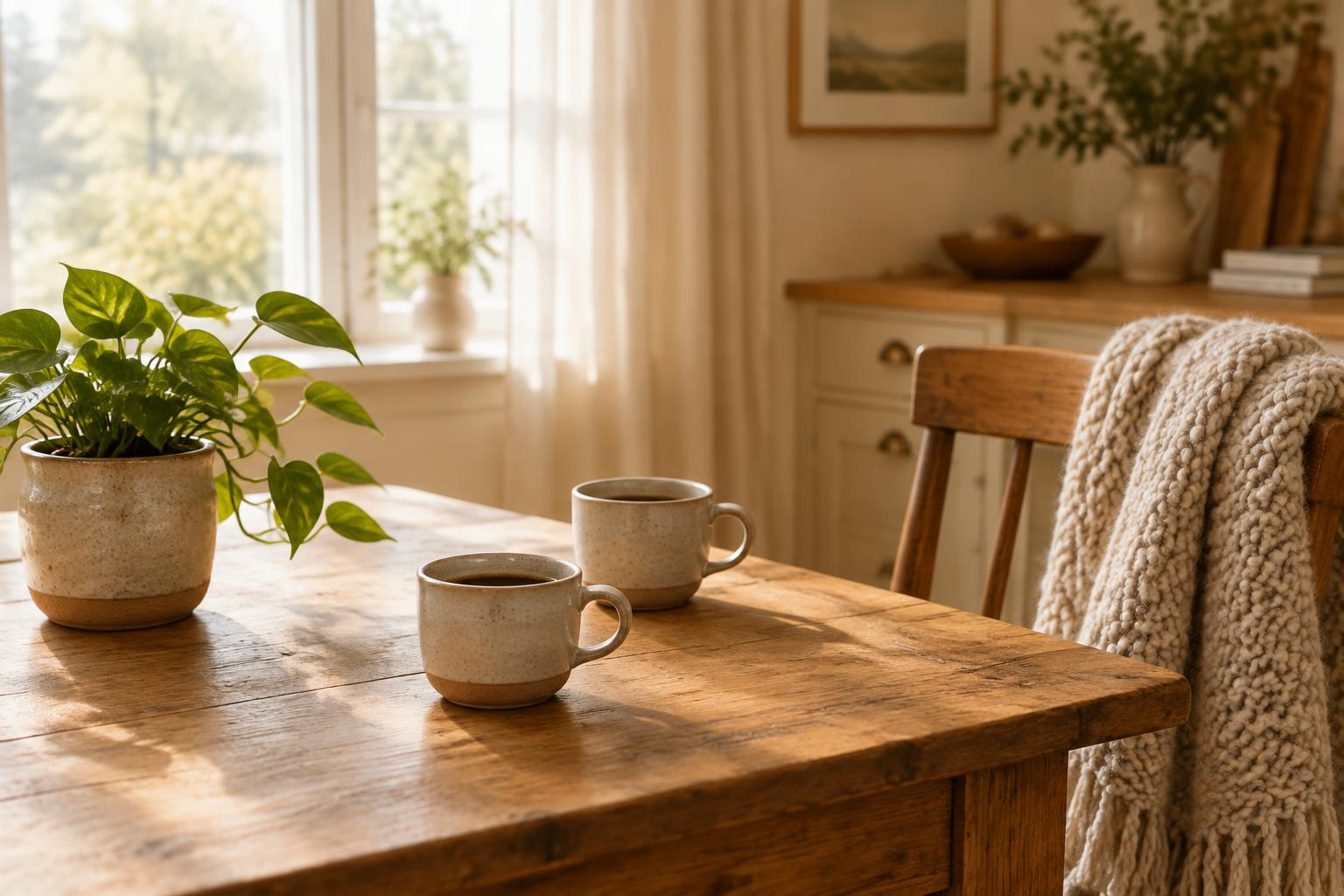 A warm kitchen table with a small plant, two mugs, and a knit throw over a chair